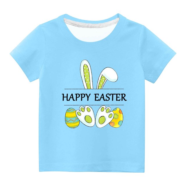 Penkiiy T-Shirts de Pâques pour Enfants Garçons Filles Mode Oreilles de Lapin de Pâques Œufs de Pâques Imprimé Col Rond Manches Courtes 9 Ans Bleu