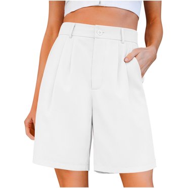 IROINID Shorts for Women,Womens Pocket Thin High-Waisted Straight Casual Medium Pants Breathable Wide Leg Quarter Pants White M