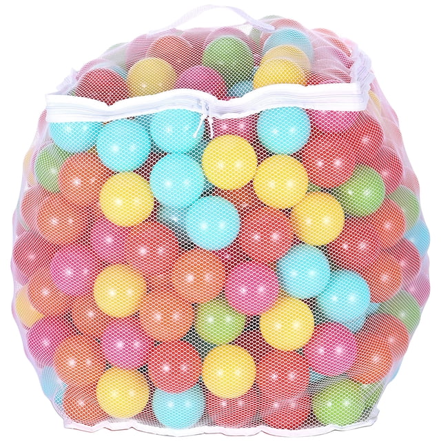 BalanceFrom 400-Count Play Pit Balls Toy Set for Kids with Mesh Bags, ideal for ball pits, playhouses, and outdoor play. Includes multicolored crush-proof balls in blue, red, pink, orange, green, and yellow, stored in a white mesh bag with a secure zipper closure for easy transport and storage. Each ball measures 2.3 inches in diameter and is crafted from durable, child-safe plastic.