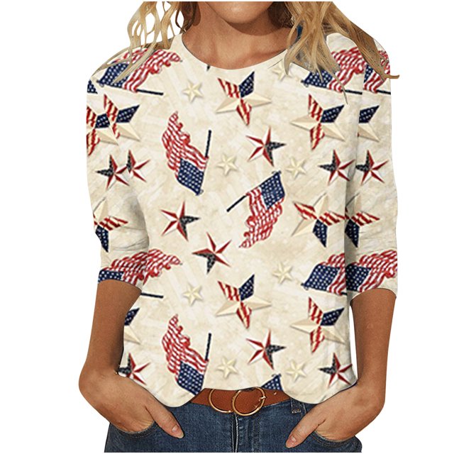 Birdeem Blouse Ample à Manches Courtes Rétro à Col Rond Imprimée pour Femmes, Manches Trois Quarts
