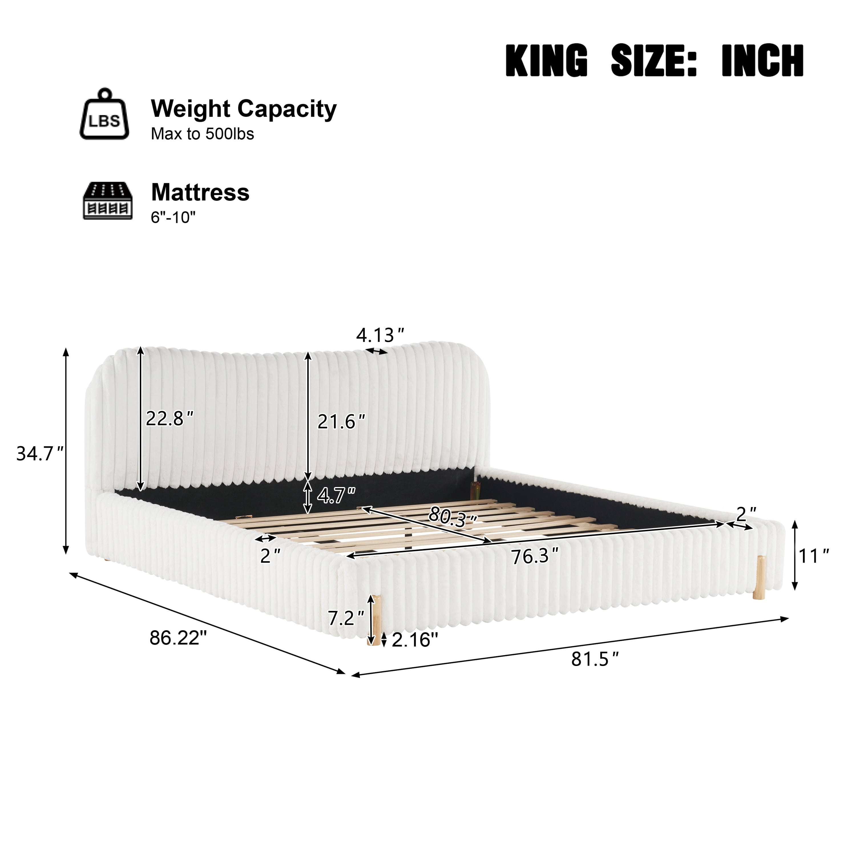 Homy Casa King Platform Bed Frame with Curved Plush Upholstered Headboard, Wood Slats, White