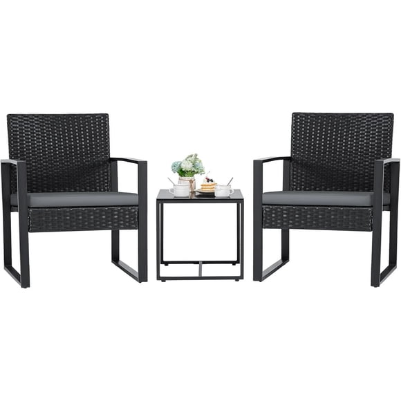 Homall Ensemble de Conversation Intérieur de Patio 3 Pcs, Chaises Bistro en Rotin PE Rembourrées, Ensemble de 2 avec Table à Café, Noir/gris