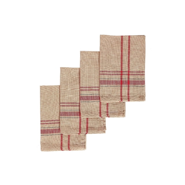 French Border Napkin (Set Of 4) in taupe cotton with red and beige striped French border, each measuring 18 by 18 inches, arranged overlapping on a white background, ideal for dining table linens and easy to wash, also suitable as decorative kitchen cloths.