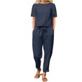 thumbnail image 1 of Mikilon Ensemble Élégant pour Femmes 2 Pcs Mode Col Rond Manches Courtes Haut Pantalon Long Ensemble Décontracté Mode Col Rond Manches Courtes Hauts Pantalons Ensemble Décontracté Bleu TP, 1 of 6