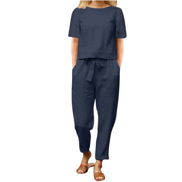 Mikilon Ensemble Élégant pour Femmes 2 Pcs Mode Col Rond Manches Courtes Haut Pantalon Long Ensemble Décontracté Mode Col Rond Manches Courtes Hauts Pantalons Ensemble Décontracté Bleu TP