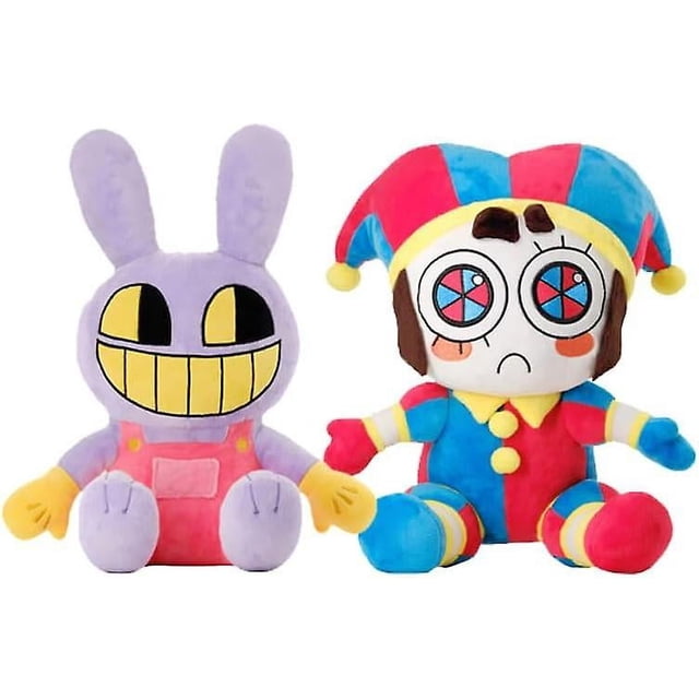 2023 New The Amazing Digital Circus Plush Toys, two 11.8-inch novelty plushies inspired by popular TV characters. One is a purple bunny with a wide yellow grin and pink overalls, and the other is a colorful jester with a red, blue, and yellow outfit and spiral-patterned eyes. Made of soft plush fabric and filled with PP cotton, these toys are durable and suitable as gag gifts or cushions.