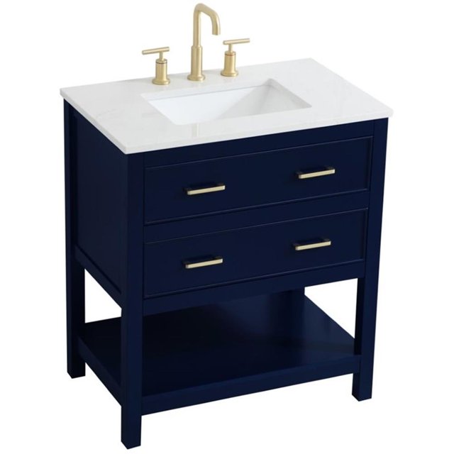 Pemberly Row Modern 30" Single Quartz Top Bathroom Vanity in Blue