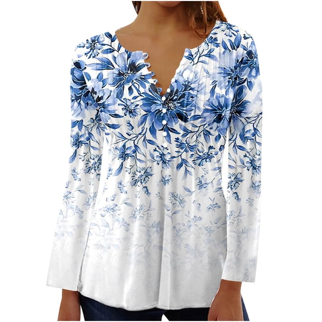 Pompotops Femmes Mode Été Sexy Pli Imprimé Régulier Femmes Manches Longues V Bouton de Col Haut en Vente