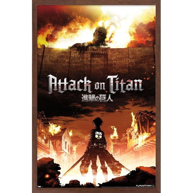 Attack on Titan - Fire Wall Poster, 22.375" x 34" depicting a giant Titan looming over a stone wall with flames in the background, and a silhouetted character wielding dual swords standing amid burning buildings, printed on glossy paper for vibrant anime wall art suitable for bedrooms or offices.
