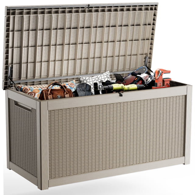 EasyUp Coffre de Terrasse en Résine de 260 Gallons, Coffre de Rangement Extérieur Verrouillable pour Meubles, Outils de Jardin et Rangement d'Outils, Boîtes de Rangement Extérieures Étanches (Motif Gris)