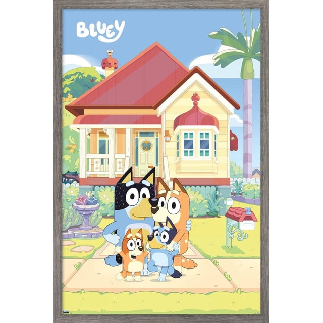 Bluey - Family Wall Poster, 22.375" x 34" depicting the Bluey cartoon family of four dogs standing on a sidewalk in front of their yellow house with a red roof and a mailbox numbered 2, printed on glossy poster paper with vibrant colors, suitable for bedroom or playroom decor.