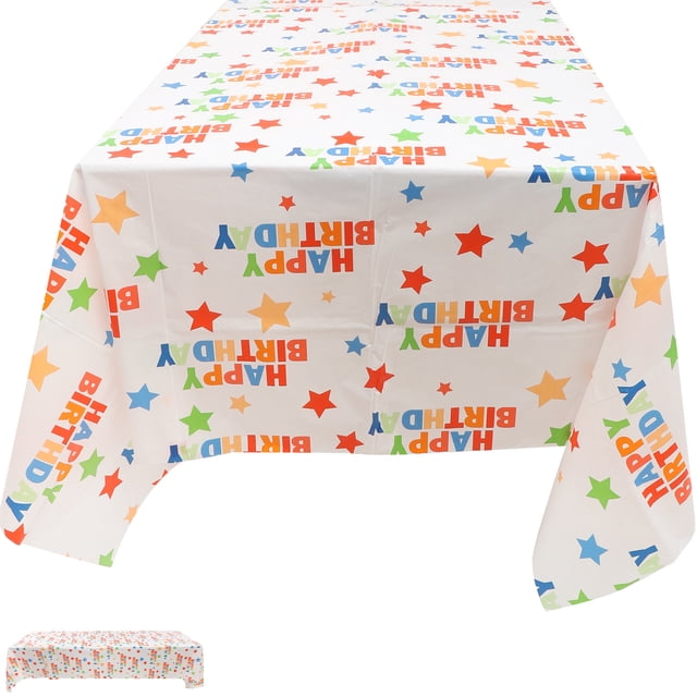 Nappe Réutilisable pour Fêtes d'Anniversaire avec un Motif Coloré « Happy birthday » et des Étoiles Multicolores sur Fond Blanc. Fabriquée en polyester, Mesure 274,00 x 137,00 cm et Convient aux tables Rectangulaires Standards. la Nappe Est Résistante aux Plis, Lisse et Réutilisable, Idéale pour les Décorations d'Anniversaire Intérieures et Extérieures.