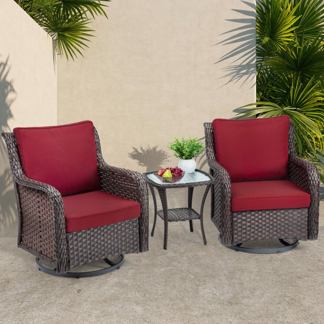 3 Piece Swivel Rocking Patio Chair Set with 4 Inch Thick Cushions, All Weather Wicker Glider Chairs and Coffee Table, 360 Degree Rotation Outdoor Furniture for Porch Balcony Deck, Blue Apricot Red