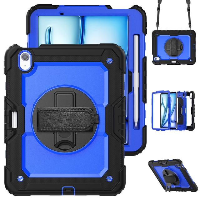 XYX For iPad Air 11 inch (2025 M3/2024 M2) Case, 360 Rotating Shockproof Cover with Stand, Screen Protector, Shoulder Strap, Dark Blue PC