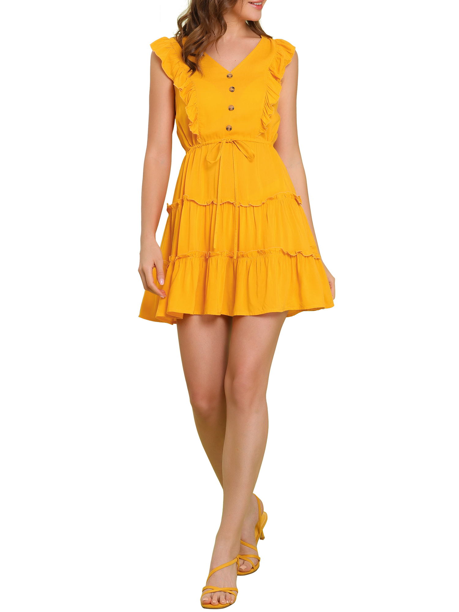 INSPIRE CHIC Robe Décontractée à Étages pour Femme à Col en V, Manches à Volants, Boutonnée devant