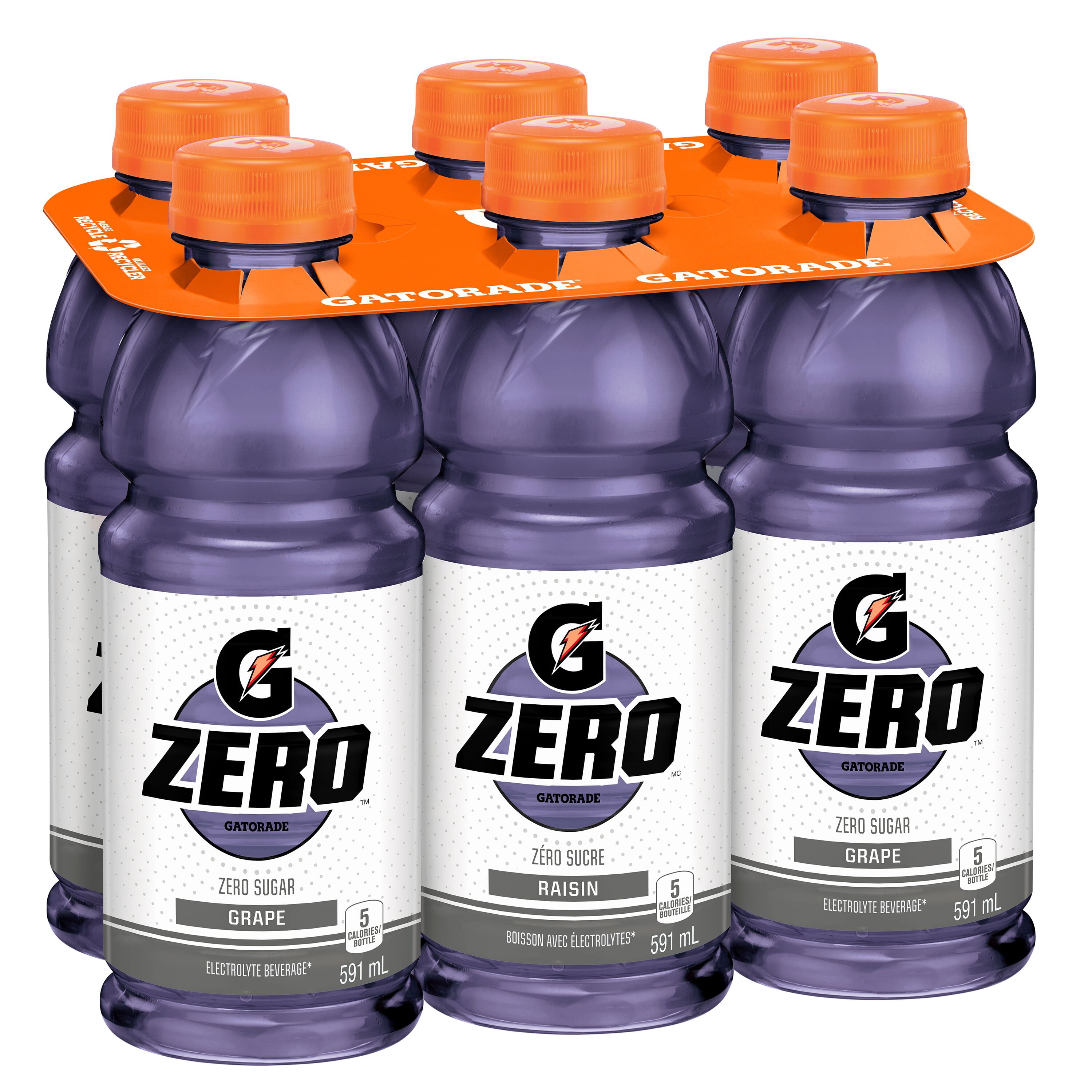 Gatorade Zéro Sucre Raisin Boisson Électrolytique 6 x 591 mL, Bouteilles