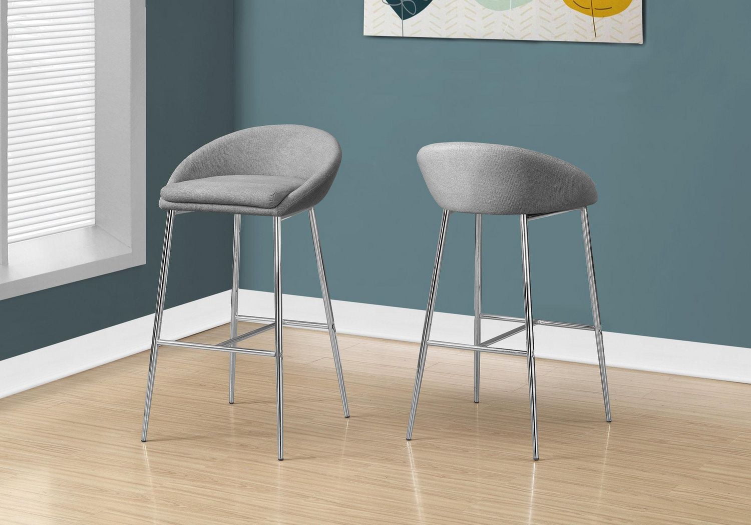 Monarch Specialties Bar Stool, Set Of 2, Bar Height, Metal, Fabric, Grey, Chrome, Contemporary, Modern