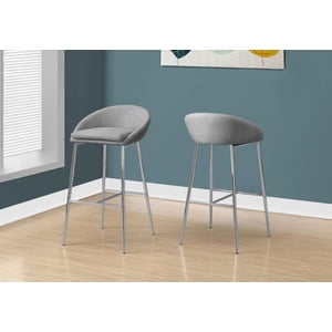 Monarch Specialties Bar Stool, Set Of 2, Bar Height, Metal, Fabric, Grey, Chrome, Contemporary, Modern