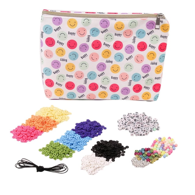KIT de DESIGN de BRACELET DIY Incluant un Sac en Toile à Fermeture Éclair Décoré de Visages Souriants Colorés et du Mot « Happy », Arrangé avec plus de 1000 Perles en Plusieurs Couleurs et types Tels Que des Perles en Céramique, Lettres, Rondes Argentées et Visage Souriant, plus une Corde Élastique de 140 cm pour Fabriquer des Bijoux Personnalisés.