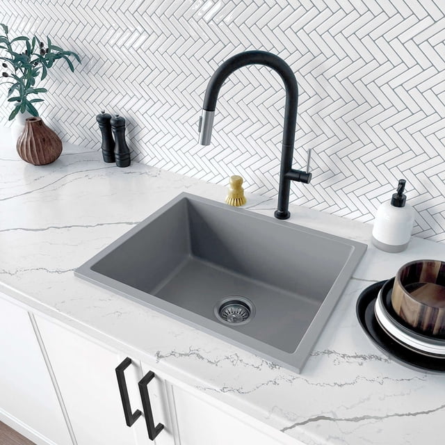 Stylish Dual Mount 22" Gray Composite Granite Single Bowl Kitchen Sink with Strainer S-822L