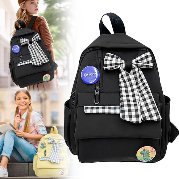 Kawaii Plaid Bowknot Preppy Style Backpack Comes With Plush Bunny Doll Pendant Aesthetic Nylon Daypack Lightweight Schoolbag