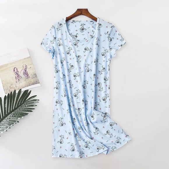 Women's Plus Size Nightgown Cute Cartoon Print Short Sleeve Cotton Knit Sleepshirt Dress, Sweet Round Neck Loose Homewear by Hontri