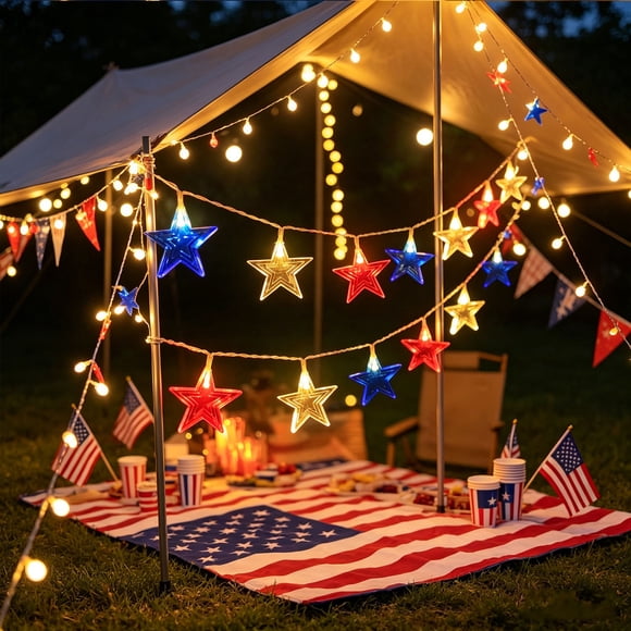 Guirlande Lumineuse Solaire à Étoiles Patriotiques LED Rouge Blanc Bleu pour Décorations du 4 Juillet avec Modes Extérieurs Étanches