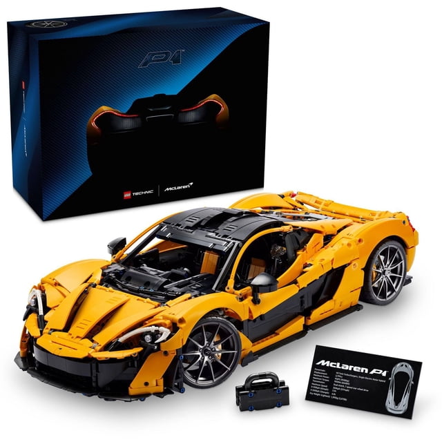 LEGO Technic McLaren P1 Hypercar Modèle à l'Échelle 1:8 en orange et Noir avec Courbes Aérodynamiques Détaillées, Roues en Alliage Argentées, Moteur V8 à piston visible et Boîte de Vitesses à 7 Vitesses, Exposé avec Sa Boîte, une Petite Boîte à Outils Noire et une Carte de Spécifications McLaren P1.