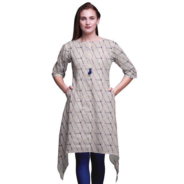 Bimba Kurti Asymétrique Bleu à Imprimé Géométrique Shibori pour Femmes, Robe d'Été Indienne Tunique XXX-Large