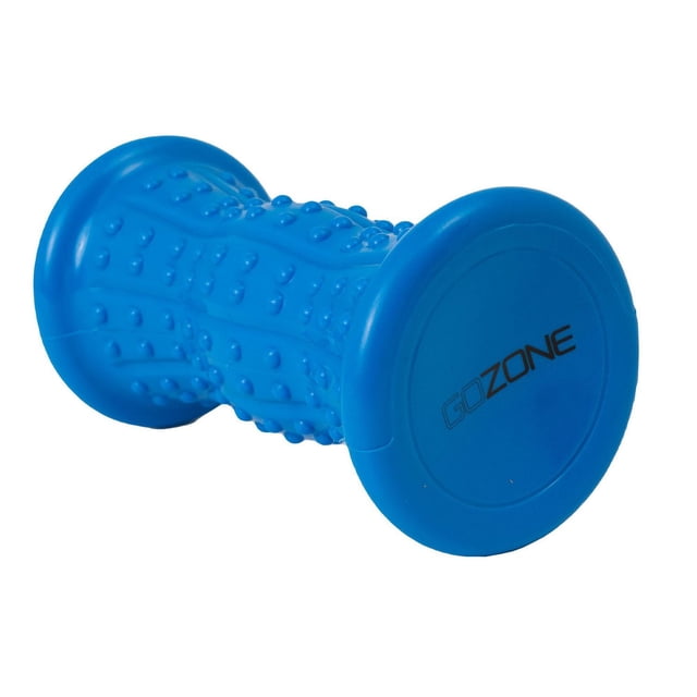 GoZone Hot/Cold Foot Massage Roller in blue with textured raised bumps on the cylindrical body and flat ends featuring the GoZone logo, designed for dual-temperature therapy to soothe foot muscles, reduce inflammation, and improve circulation, ideal for athletes and active individuals.