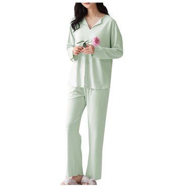 MeetoTime Womens Pajama Sets Solid Color V-neck Long Sleeves Top with Chest Pad and Pants Ladies Sleepwear