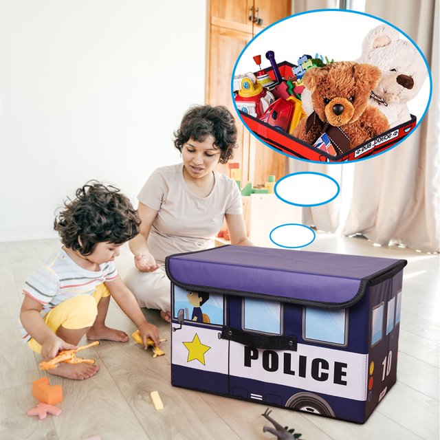 Couvercle de Coffre à Jouets pour Enfants avec Couvercle Rabattable et Rangement Pliable pour Salle de Jeux et Garde-Robe. l'Image Montre un Coffre à Jouets Pliable Conçu comme un Véhicule de police avec un Couvercle Violet et des Poignées Robustes, Placé dans une Salle de Jeux. un Enfant et un Adulte Sont Vus Jouant à Proximité, avec une Bulle de Pensée Représentant des Jouets comme des Oursons et des Blocs. le Coffre Mesure Environ 15 Pouces de long, 9,8 Pouces de Large et 9,8 Pouces de Haut, Offrant un Rangement Léger pour Jouets, Livres et Plus