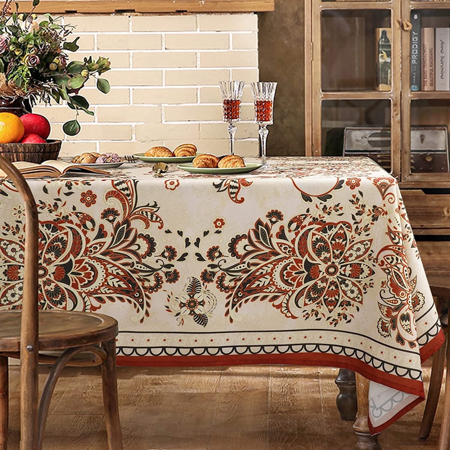 Paisley Tablecloths,Figured Brown Paisley Tablecloth Rectangle 60 x 102,Wrinkle Resistant and Washable Bohemian Tablecloth,Perfect for Kitchen Dinner,Party,Family Gathering,Festive Dinner