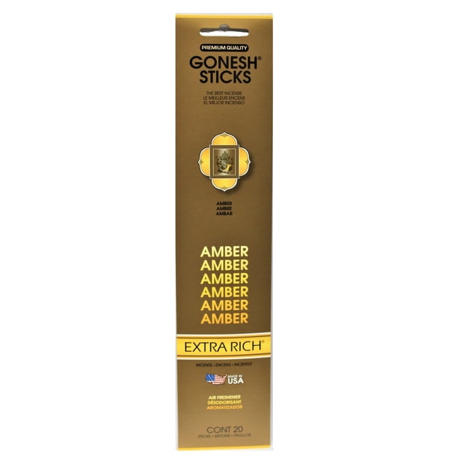 Gonesh Sticks Amber incense sticks in a brown and gold rectangular box labeled 'Extra Rich' with repeated 'Amber' text, made in USA, containing 20 sticks, ideal for home fragrance and air freshening.