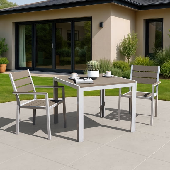 Ensemble de salle à manger d'extérieur CorLiving Gallant 3 pièces en aluminium et polybois avec table carrée et 2 chaises, gris argenté/taupe