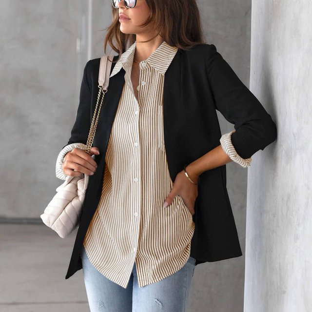 Chemisier Cardigan Décontracté à Col à Revers et Rayures pour Femmes Automne avec Boutons Manches Longues Poche Poitrine