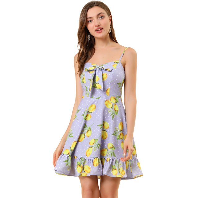 INSPIRE CHIC Robe à Pois Citron pour Femme à Bretelles Spaghetti avec Nœud
