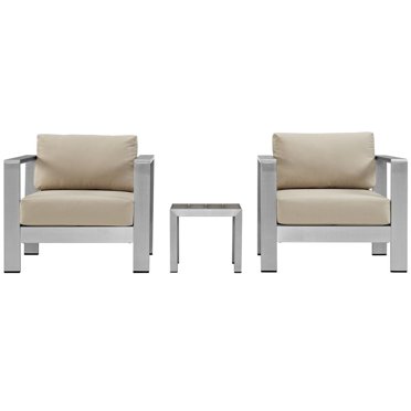 Modway Shore 3 Piece Outdoor Patio Aluminum Sectional Sofa Set in Silver Beige