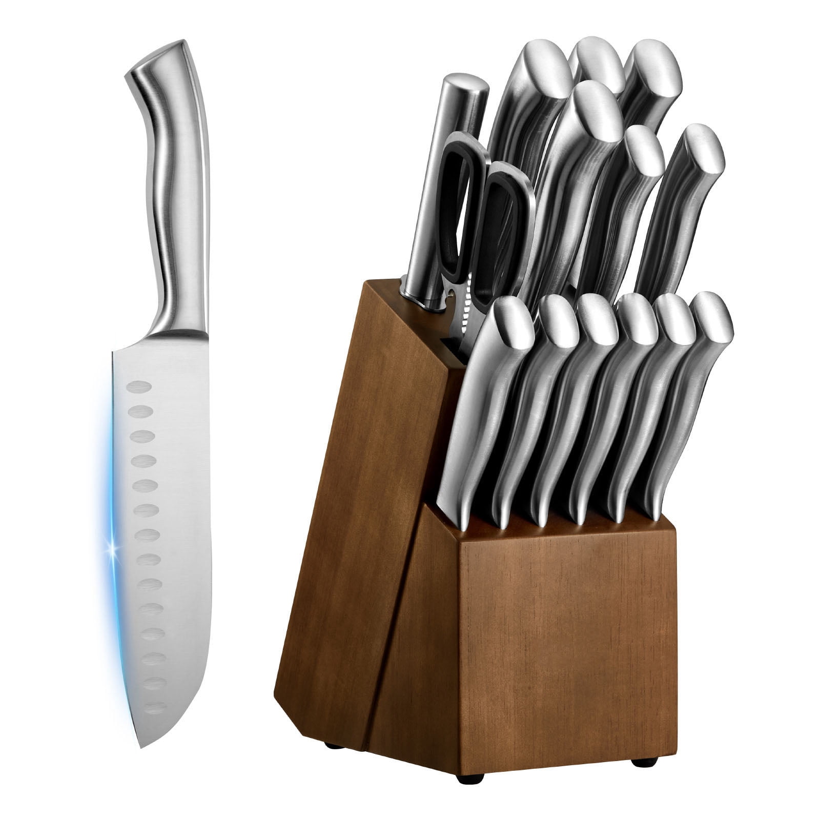 KFFKFF Kitchen Knife Set with Block and Sharpener, 15 Piece German High Carbon Stainless Steel  Sharp Knife Set, Kitchen Cutlery with Ergonomic Handle, Sharpening Rod and Wooden Block