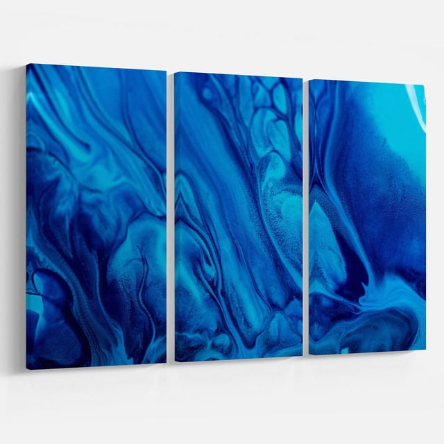 Design Art Dark Blue Acrylic Paint Canvas Print featuring a triptych of gallery-wrapped cotton canvas panels with abstract swirling dark and light blue acrylic paint patterns, ready to hang wall art designed and made in Canada, ideal for enhancing home or office décor.