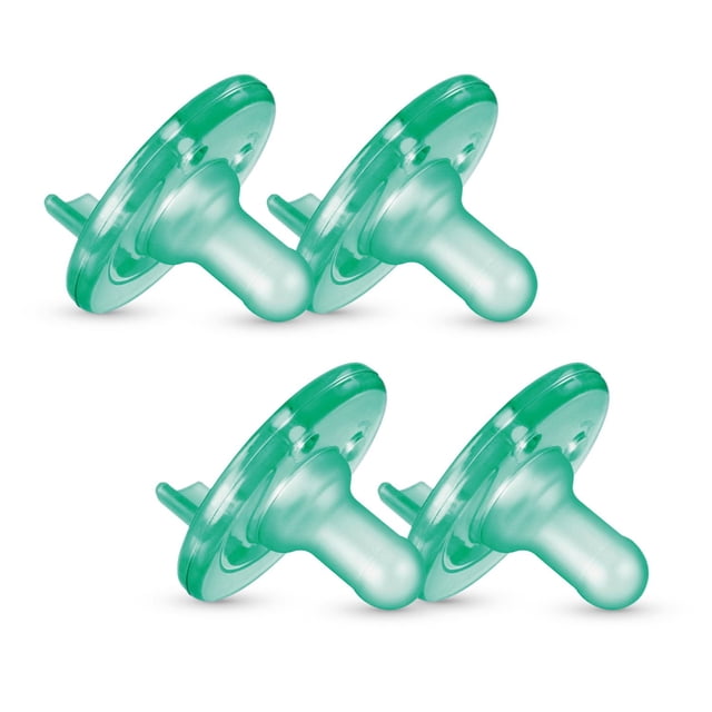 Philips Avent Soothie Pacifier 0-3m, green/green, 4 pack, SCF190/41 featuring four green hospital-grade silicone pacifiers designed for newborns with one-piece orthodontic shape supporting natural oral development, BPA-free, latex-free, and dishwasher safe.