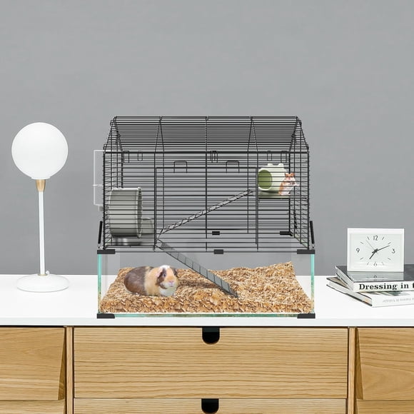 AKDSteel Metal Hamster Cage with Transparent Habitat, 4 Accessories, Water Bottle, Small Animal Cage for Hamsters, Mice, Rats, Hedgehogs, Guinea Pigs
