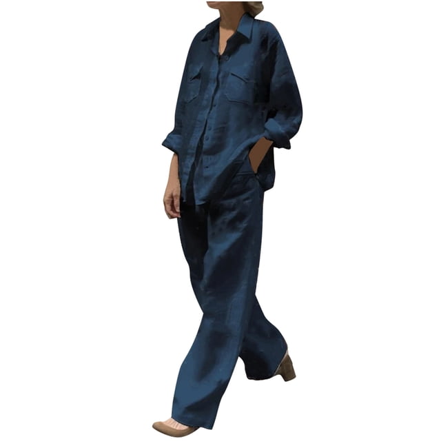 Timegard Cotton Linen Outfits for Women Button up Long Sleeve Collared Plus Size Tops with Pockets Wide Leg Pants Sets