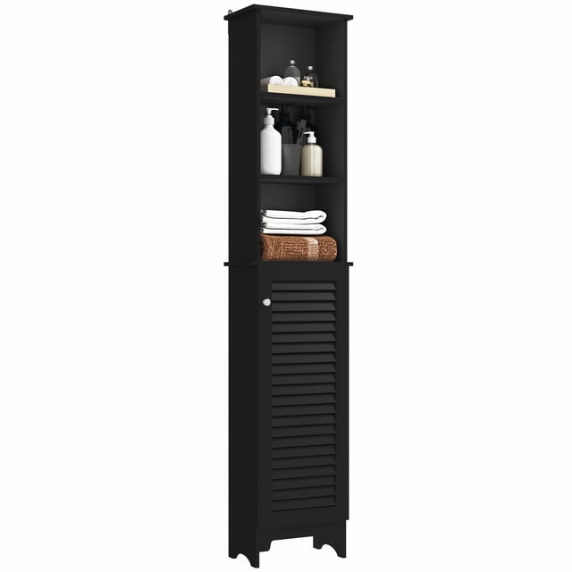 HOMCOM Armoire de Salle de Bain Haute, Colonne à Linge avec Tablettes Ajustables, Noir. Armoire de Rangement Autoportante avec Porte à Persiennes et Étagères Ouvertes, Idéale pour le Rangement de Salle de Bain dans les Espaces Étroits. Fabriquée en Matériau MDF de Qualité P2, Présentant un design Moderne Convenant aux Salles de Bain, Salons Ou Bureaux.