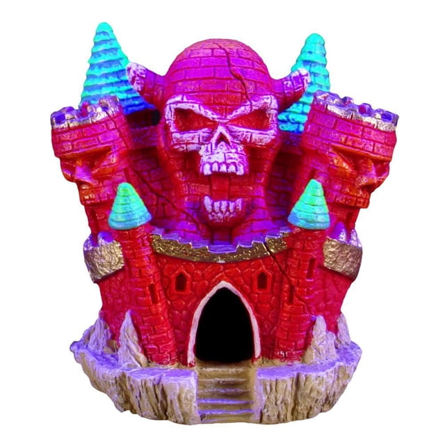 Marina iGlo Aquarium Aquarium Ornament, Skull Castle is a red resin castle with textured brick walls, turquoise conical towers, and a hollow arched entrance. It measures 3.5 by 3.25 by 4 inches and glows under blue LED lights, creating shelter for aquarium fish.