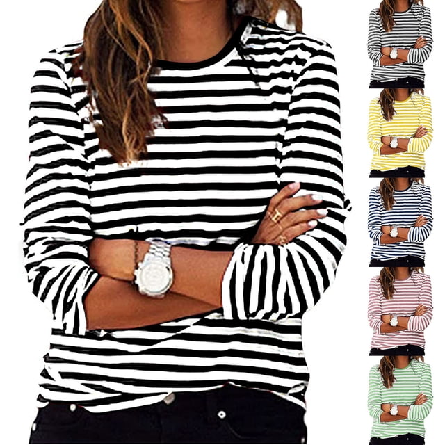 Yuyuzo Hauts pour Femmes Grande Taille Automne Chandails à Manches Longues Col Rond à Blocs de Couleur Rayés Décontractés Confortables T-Shirts à Enfiler Taille Bleu