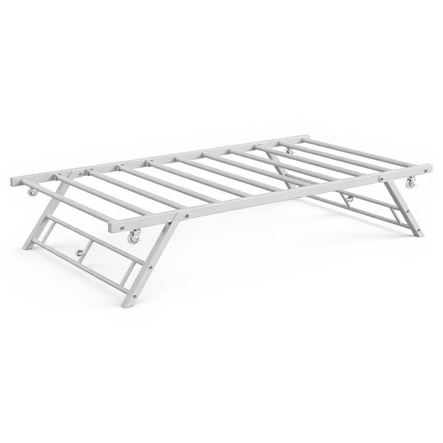 Twin Pop Up Trundle Bed Frame, Trundle Day Bed with Lockable Casters, Foldable Metal Platform, Metal Slats Support