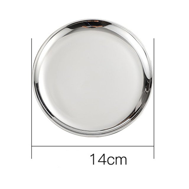 Luckyn Assiette de Dîner en Acier Inoxydable de 14 cm de Diamètre, de Forme Ronde et Finition Argent Polie. l'Assiette au design simple et Classique, Idéale pour Servir des Repas comme le Déjeuner, le Dîner Ou le Souper. Fabriquée en Acier Inoxydable durable, Elle Ajoute une Touche Moderne à Votre table à Manger. l'Image Montre une Vue Centrée et de Haut en Bas de l'Assiette avec des dimensions Clairement Marquées.