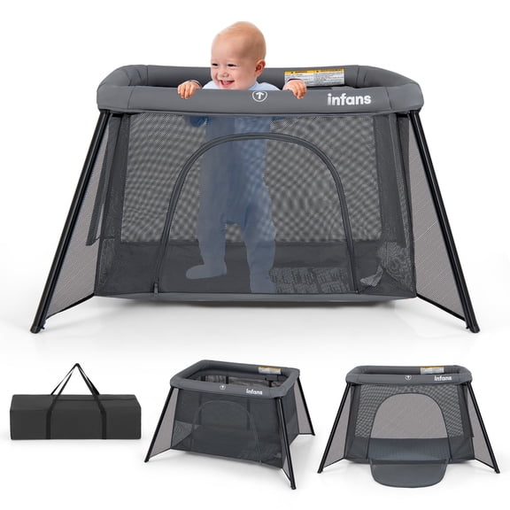 INFANS Travel Crib, Portable Baby Playpen with Removable Bassinet Soft Mattress Carry Bag, Foldable Lightweight Playard Nursery Centre for Newborns Toddlers (Dark Grey)