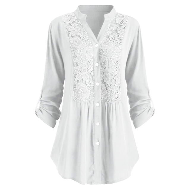 Heliisoer Women's Plus Size Contrast Lace V Neck Rolling Sleeve Shirts Blouse Tops